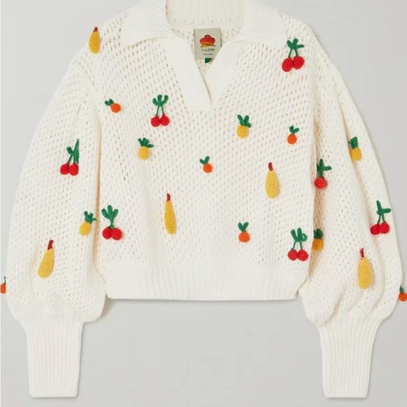 FARM Rio Sweaters - Appliquéd open-knit cotton sweater